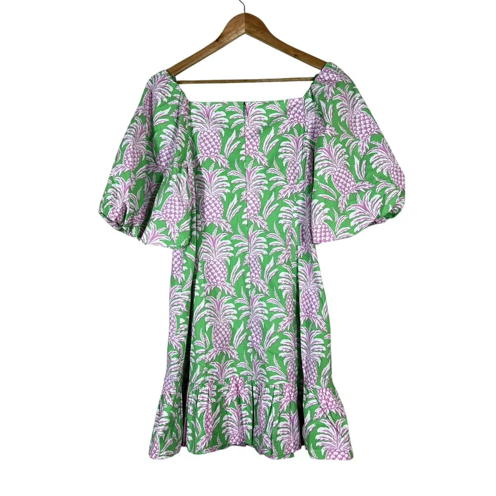NWT Crown & Ivy Pink Pineapple Mini Dress Green Tropical Puff Sleeve Size 12 - Picture 4 of 7